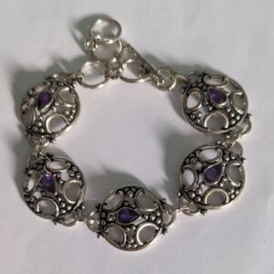 Vintage Sterling Silver Purple Amethyst Bracelet, Bali, Adjustable 6 1/2" To 8"